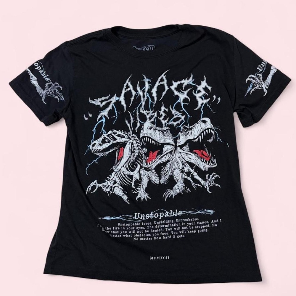 Fresh Laundry Savage Dinosaur Graphic T-Shirt Boys Medium Black Y2K Streetwear